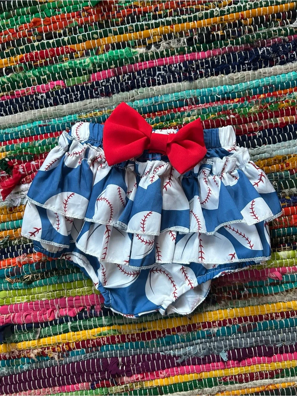 Little Sister Biggest Fan Baseball Ruffle Outfit with Red Bow Bloomers 6-12 MOS